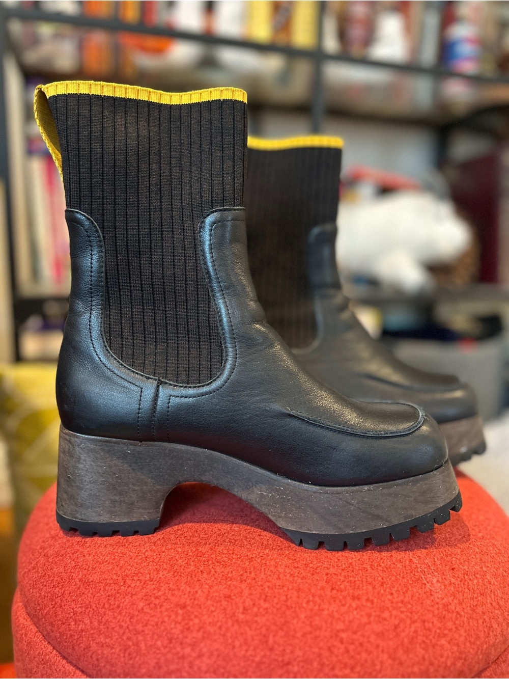 Charlotte Stone Black Loma Platform Sock Lug Sole Boots with Yellow Trim